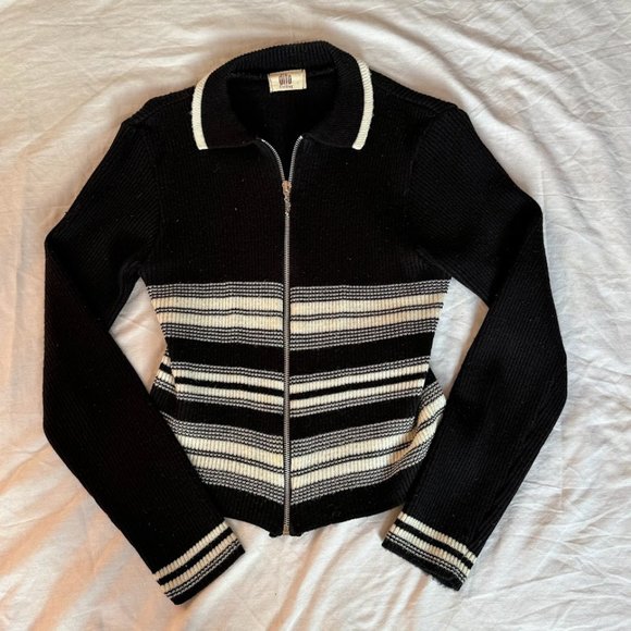 Dito Clothing Striped Full-Zip Collared Black and White Knit Sweater - Picture 1 of 3